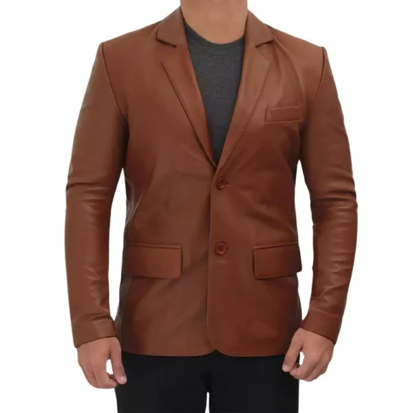 Two Button Cognac Mens Leather Blazer Jacket