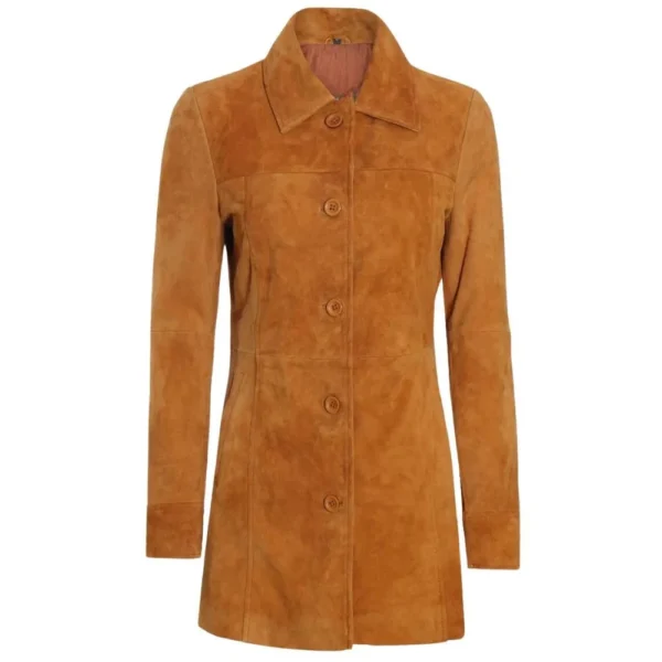 Women's Cognac Brown Suede Leather Coat - Image 3