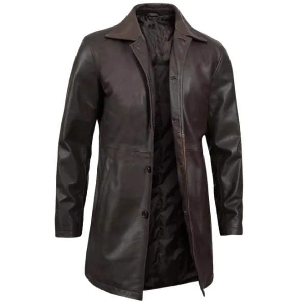 Men's 3/4 Length Dark Brown Leather Coat - Image 2