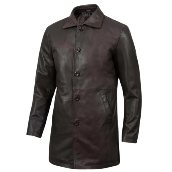 Men's 3/4 Length Dark Brown Leather Coat - Image 5