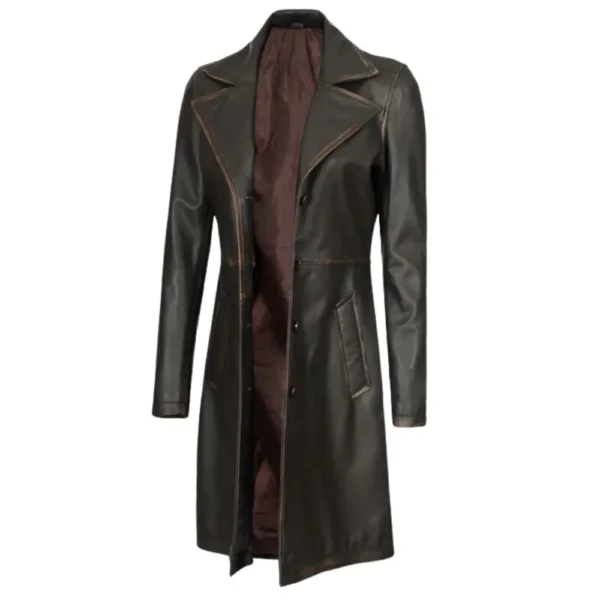 Women's Dark Brown Distressed Leather Long Coat - Image 6