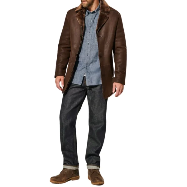 Men's Dark Brown Leather Shearling Coat - Image 4