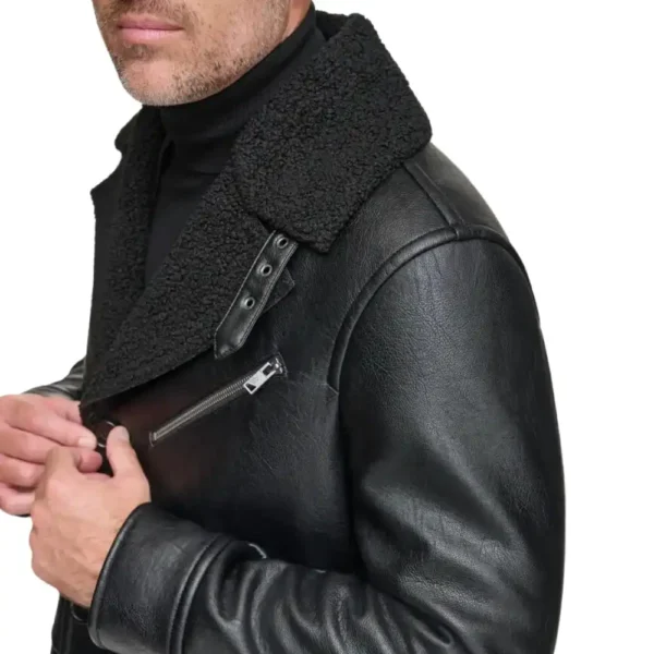 Real Lambskin Leather Black Shearling Coat Mens - Image 3