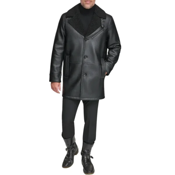 Real Lambskin Leather Black Shearling Coat Mens - Image 6