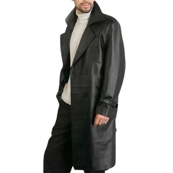 Mens Premium Double-Breasted Black Lambskin Leather Coat - Image 3
