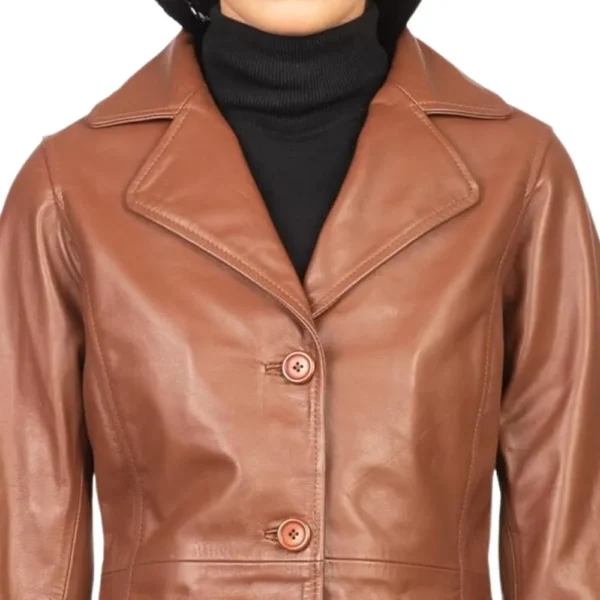 Real Lambskin Brown Leather Trench Coat Womens - Image 2