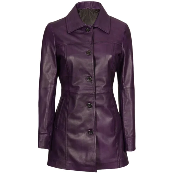 Real Lambskin Purple Leather Coat Womens - Image 3