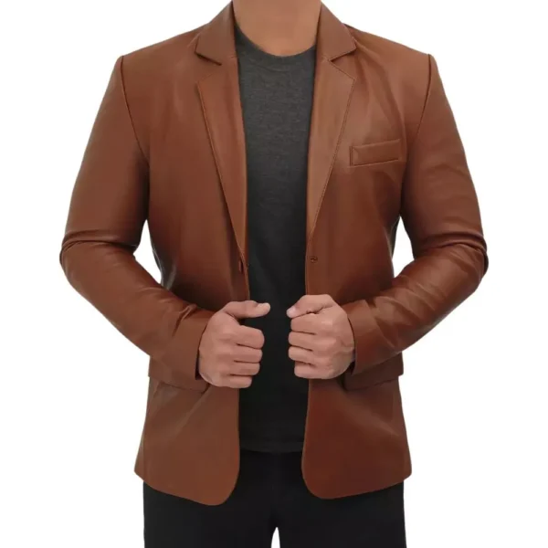 Two Button Cognac Mens Leather Blazer Jacket - Image 5