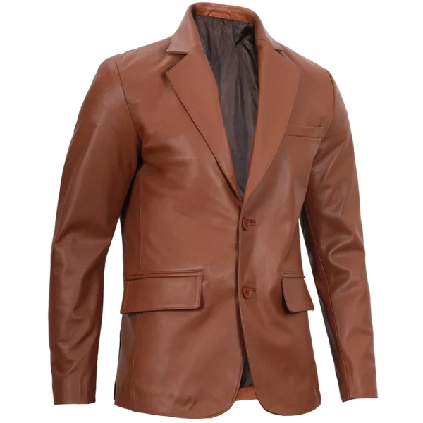 Two Button Leather Brown Blazer Mens - Image 2