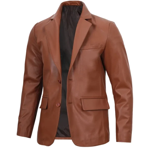 Two Button Leather Brown Blazer Mens - Image 4
