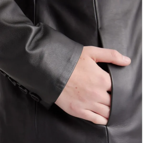 Real Lambskin Black Leather Trench Coat Womens - Image 5