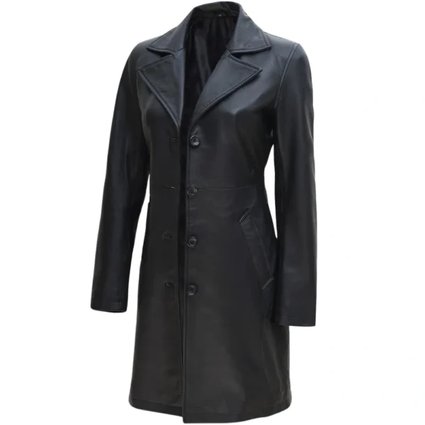 Real Lambskin Long Black Petite Leather Coat Womens - Image 3