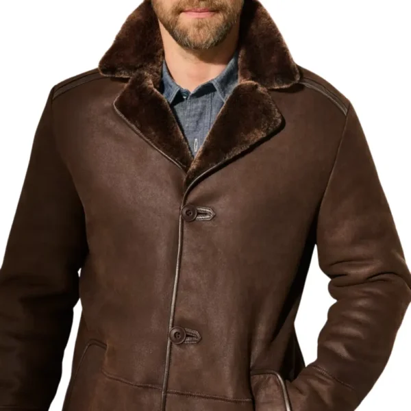 Men's Dark Brown Leather Shearling Coat - Image 3