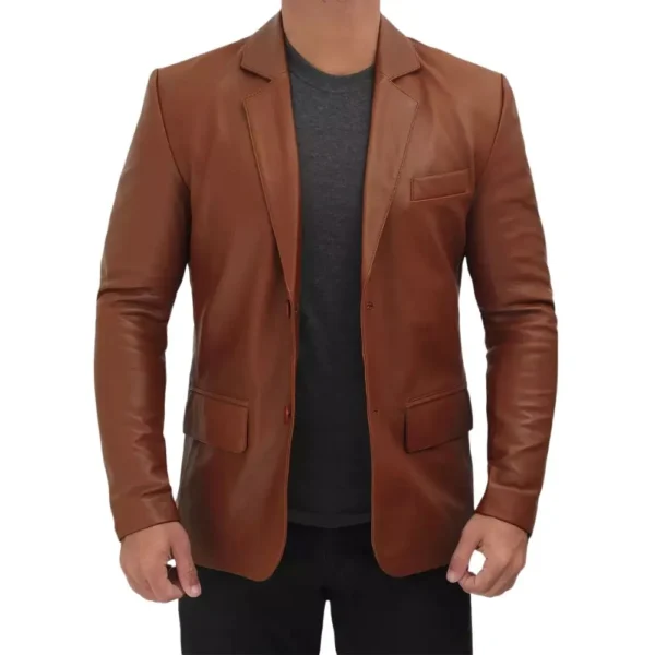 Two Button Cognac Mens Leather Blazer Jacket - Image 2
