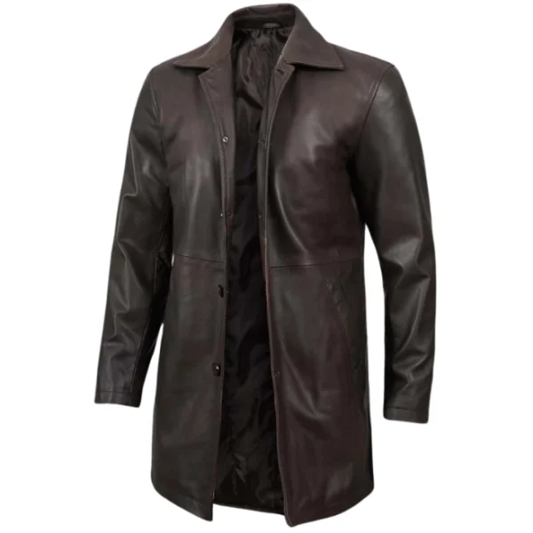 Men's 3/4 Length Dark Brown Leather Coat - Image 4