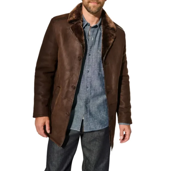 Men's Dark Brown Leather Shearling Coat - Image 2