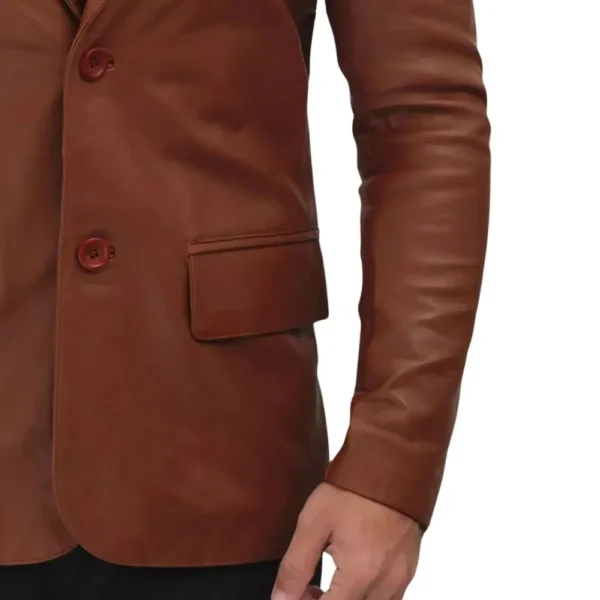 Two Button Cognac Mens Leather Blazer Jacket - Image 6