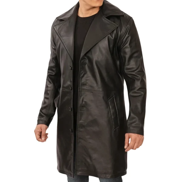 Men's 3/4 Length Black Leather Coat - Image 4