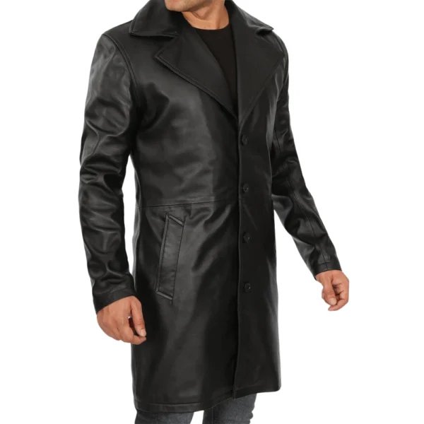 Men's 3/4 Length Black Leather Coat - Image 2