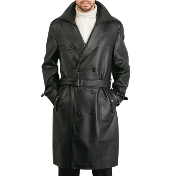 Mens Premium Double-Breasted Black Lambskin Leather Coat - Image 2
