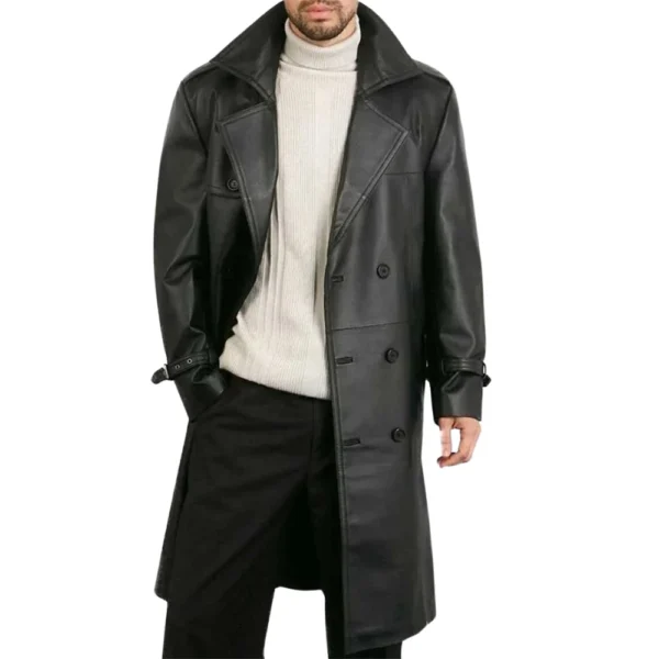 Mens Premium Double-Breasted Black Lambskin Leather Coat