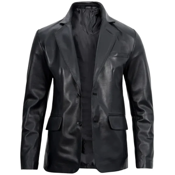 Two Button Black Leather Blazer Mens - Image 2