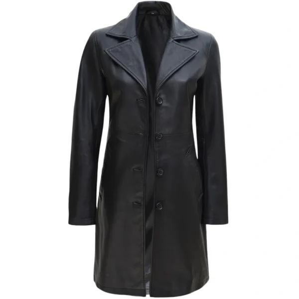 Real Lambskin Long Black Petite Leather Coat Womens