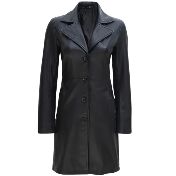 Real Lambskin Long Black Petite Leather Coat Womens - Image 2