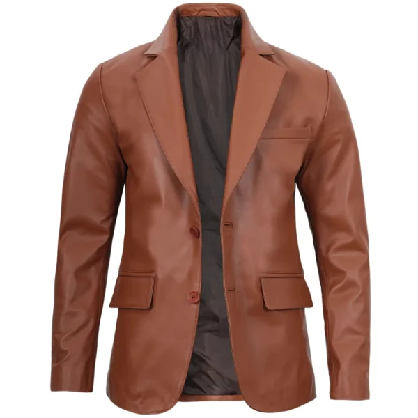 Two Button Leather Brown Blazer Mens - Image 3