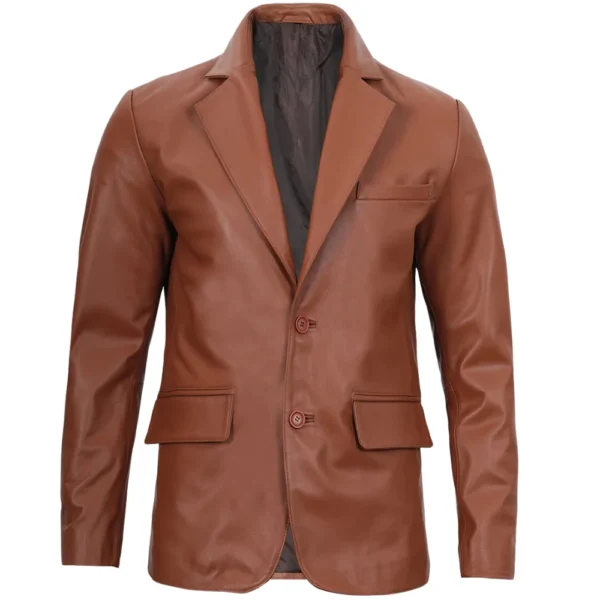 Two Button Leather Brown Blazer Mens