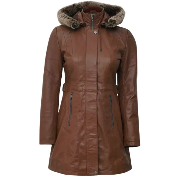 Womens Brown Hooded Leather Coat - Removable Sherpa Hood - Image 2