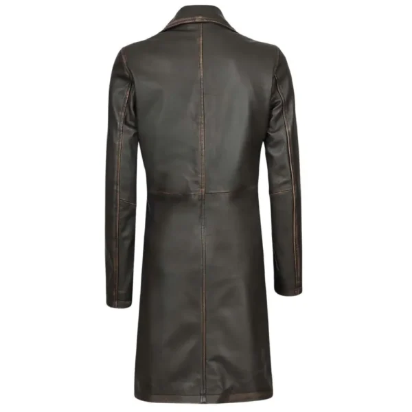 Women's Dark Brown Distressed Leather Long Coat - Image 7