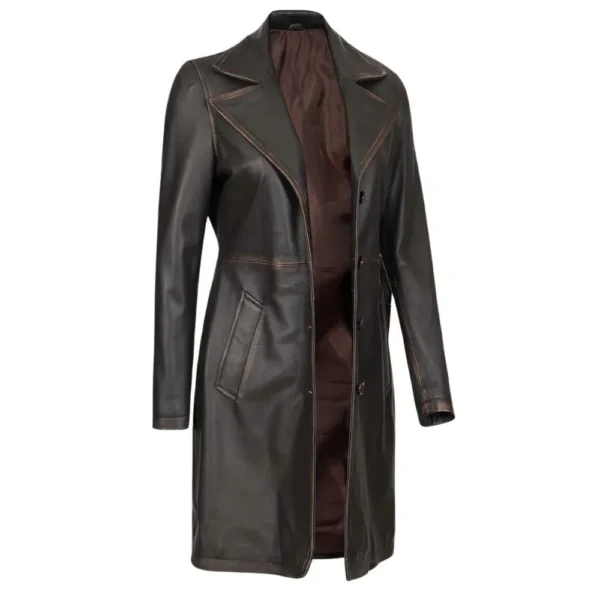 Women's Dark Brown Distressed Leather Long Coat - Image 5