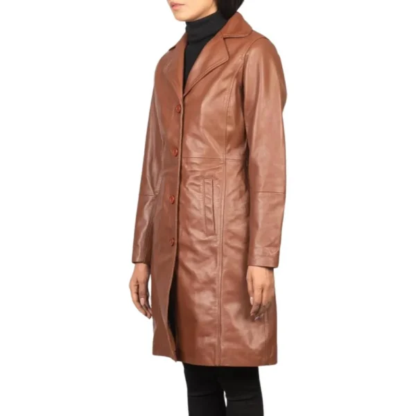 Real Lambskin Brown Leather Trench Coat Womens - Image 4
