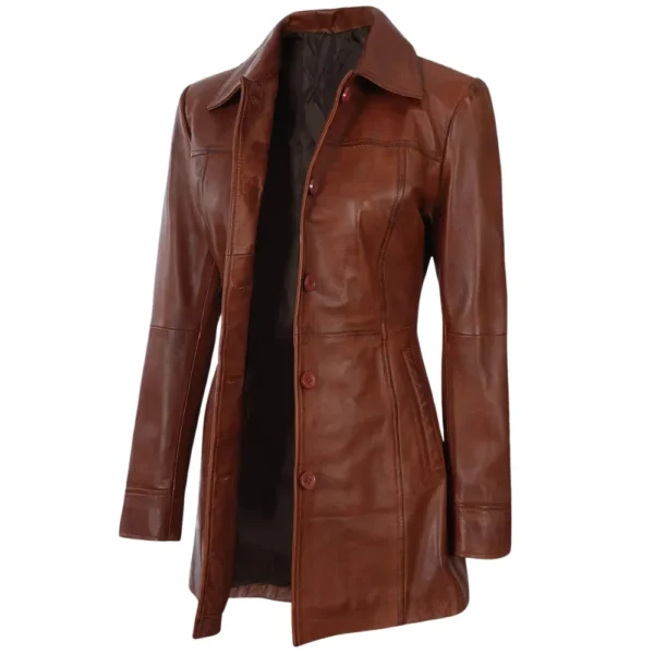 Women's 3/4 Length Leather Cognac Brown Coat - Limited Stock - Image 4