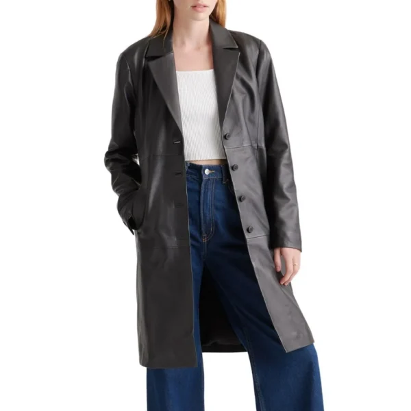 Real Lambskin Black Leather Trench Coat Womens - Image 2