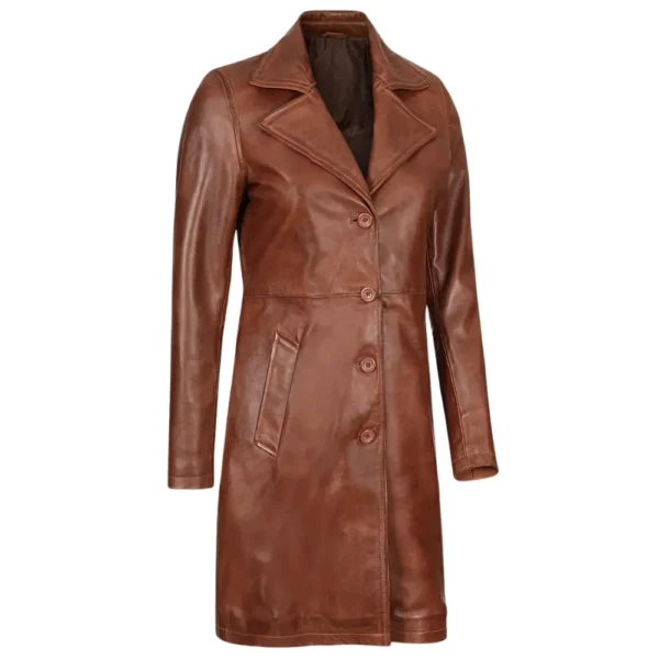 Real Lambskin Petite Brown Leather Coat Womens - Image 3