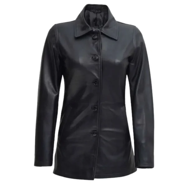 Real Lambskin Women's Black Leather Car Coat - Image 3