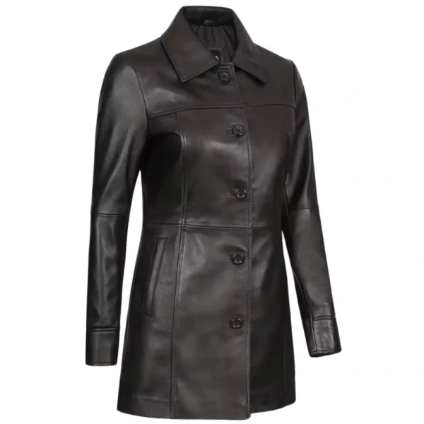 Black 3/4 Length Leather Coat Womens - Image 5