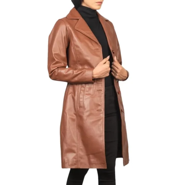 Real Lambskin Brown Leather Trench Coat Womens - Image 3