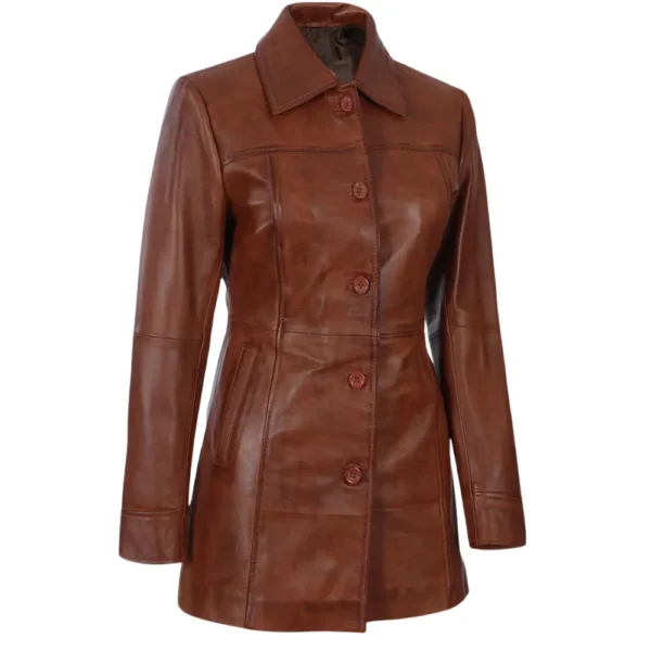 Women's 3/4 Length Leather Cognac Brown Coat - Limited Stock - Image 5