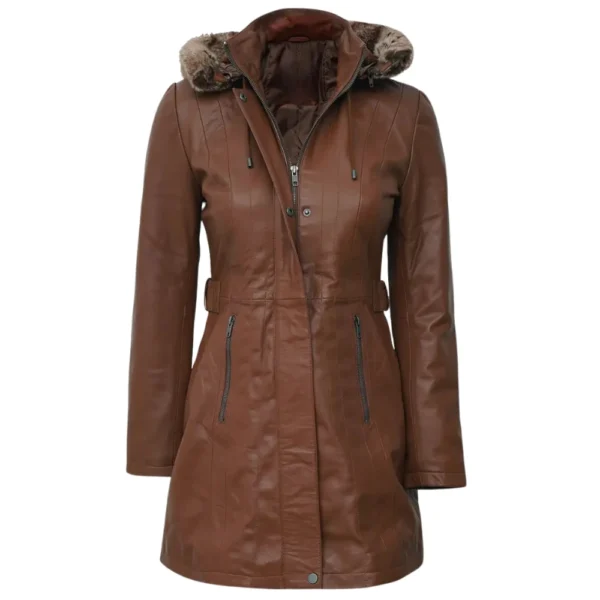 Womens Brown Hooded Leather Coat - Removable Sherpa Hood