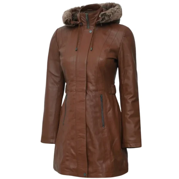 Womens Brown Hooded Leather Coat - Removable Sherpa Hood - Image 3