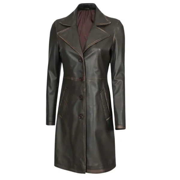 Women's Dark Brown Distressed Leather Long Coat - Image 3