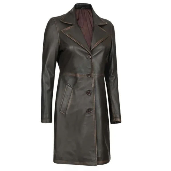 Women's Dark Brown Distressed Leather Long Coat - Image 2