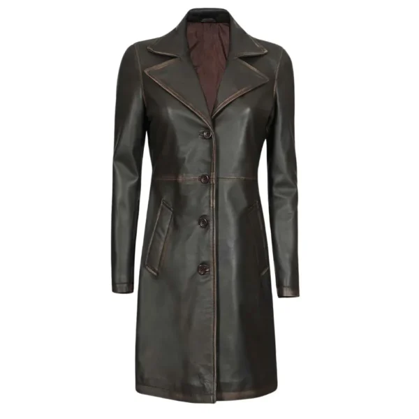 Women's Dark Brown Distressed Leather Long Coat