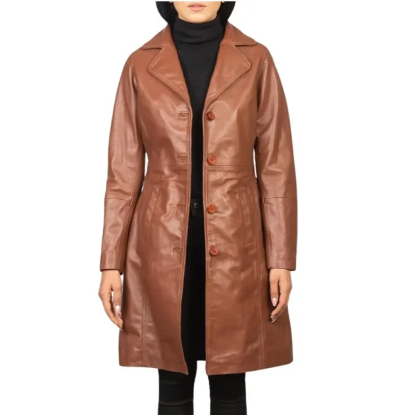 Real Lambskin Brown Leather Trench Coat Womens