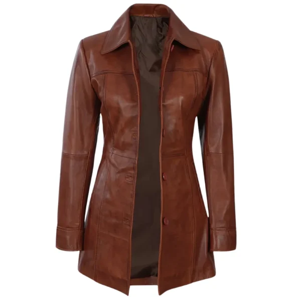 Women's 3/4 Length Leather Cognac Brown Coat - Limited Stock