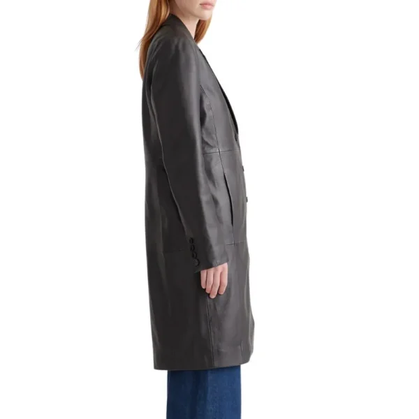 Real Lambskin Black Leather Trench Coat Womens - Image 4
