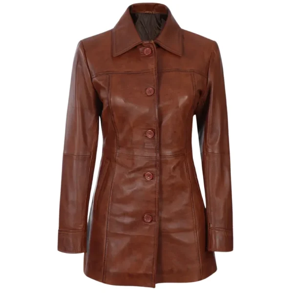Women's 3/4 Length Leather Cognac Brown Coat - Limited Stock - Image 2